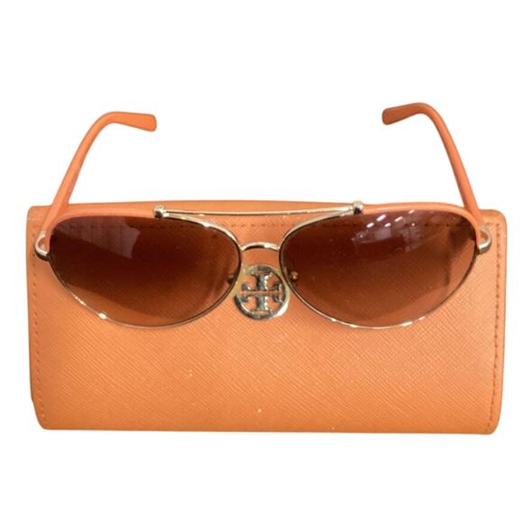 Tory Burch Aviator Sunglasses Gold Orange Flawed No Scratches With Case - Picture 2 of 8